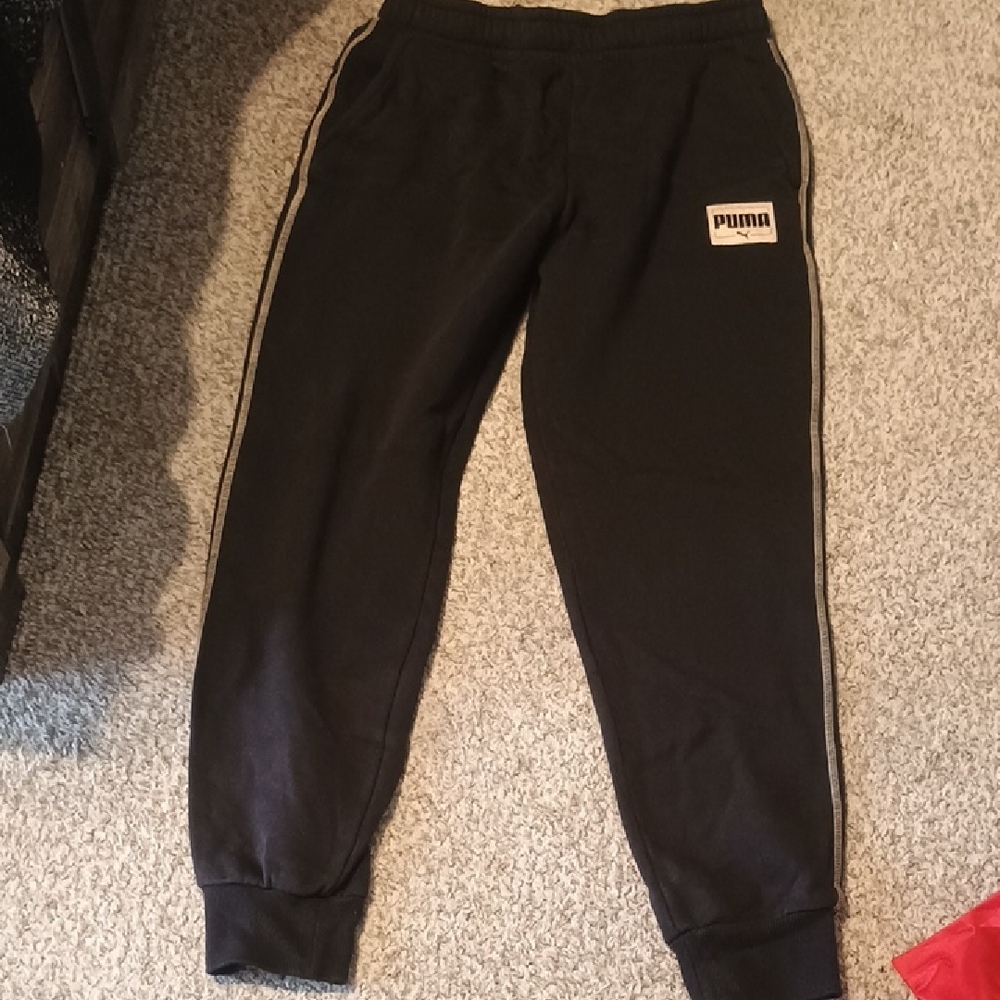 Puma Black Kids Jogger Sweatpants with White Logo and Side Stripe